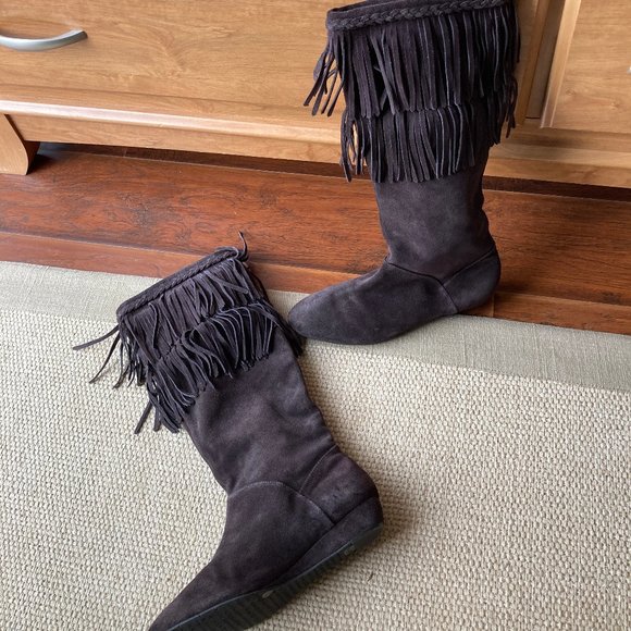 Giani Bini Dark Brown Suede Leather  Fringed Wedge Mid Calf Boot 8.5M - Picture 11 of 12